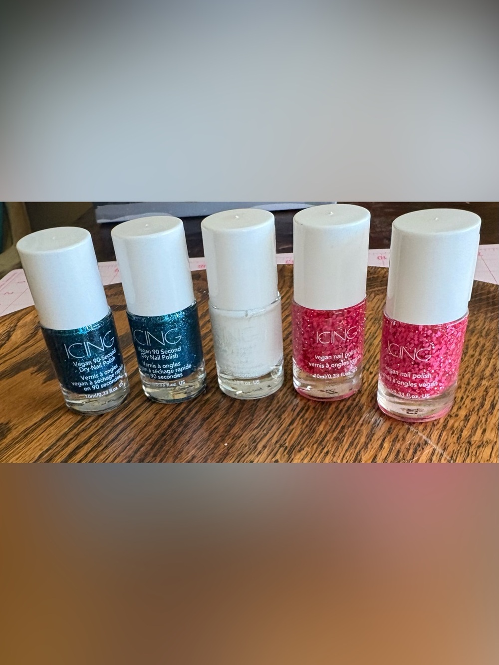 Bundle of 5 New Icing Nail Polish bottles Teal & Pink glitter, white. Vegan